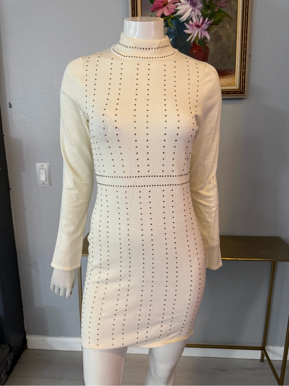 Long-Sleeve Cream Studded Mock-Neck Bodycon Dress